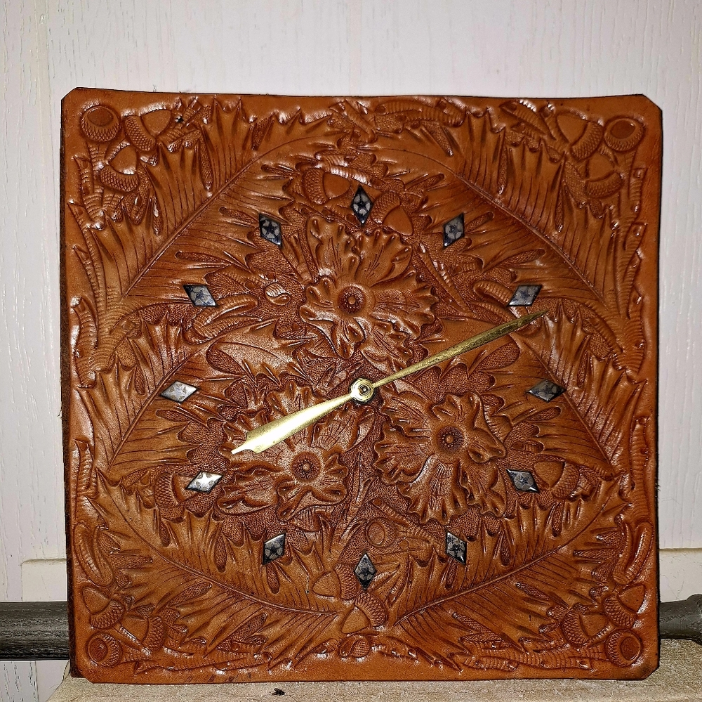 Vintage Electric Wall Clock W/Hand Tooled Leather Clock Face